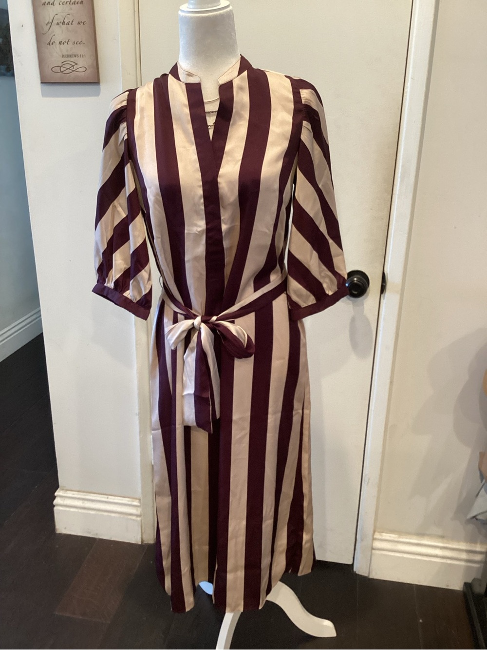 Ann Taylor Burgundy and Cream Striped Midi Dress with Tie Waist